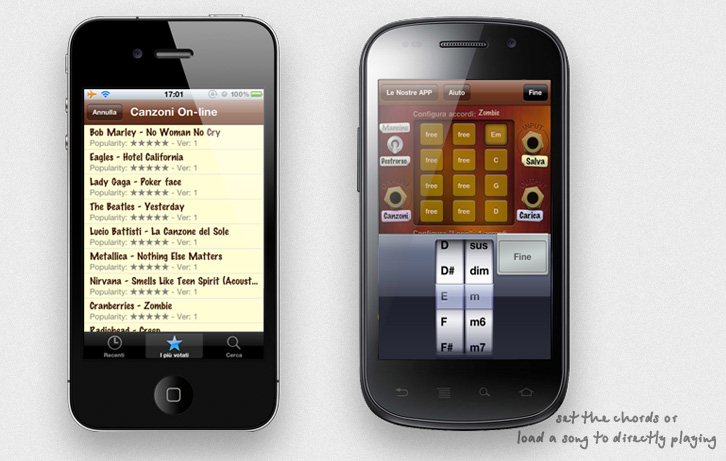 Virtual Guitar on iPhone and Nexus S, the song list and the backside